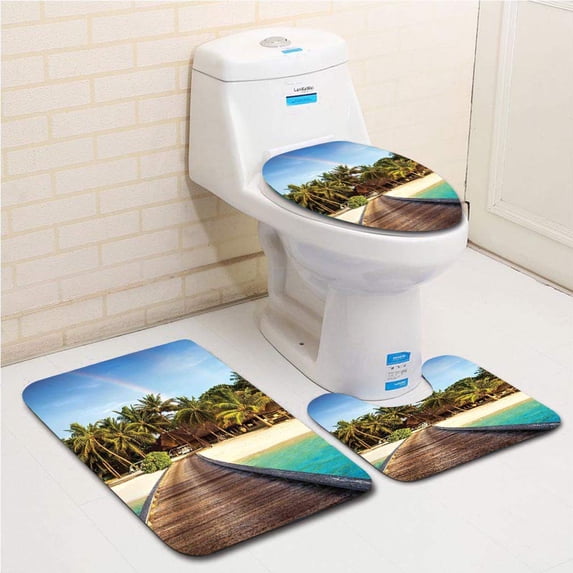 PUDMAD Wooden Bridge to Island Beach Resort Colorful Rainbow Over Palm Trees Aqua 3 Piece Bathroom Rugs Set Bath Rug Contour Mat and Toilet Lid Cover