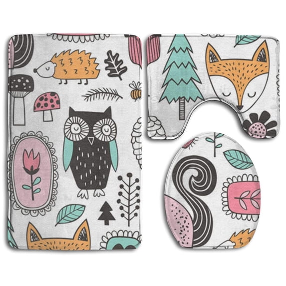 PUDMAD Woodland Doodle 3 Piece Bathroom Rugs Set Bath Rug Contour Mat and Toilet Lid Cover