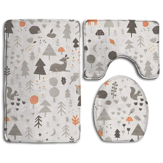 PUDMAD Woodland-Forlic 3 Piece Bathroom Rugs Set Bath Rug Contour Mat and Toilet Lid Cover