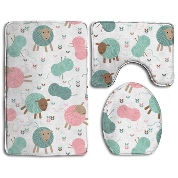 PUDMAD Wool Knitting Sheep Butterflies 3 Piece Bathroom Rugs Set Bath Rug Contour Mat and Toilet Lid Cover