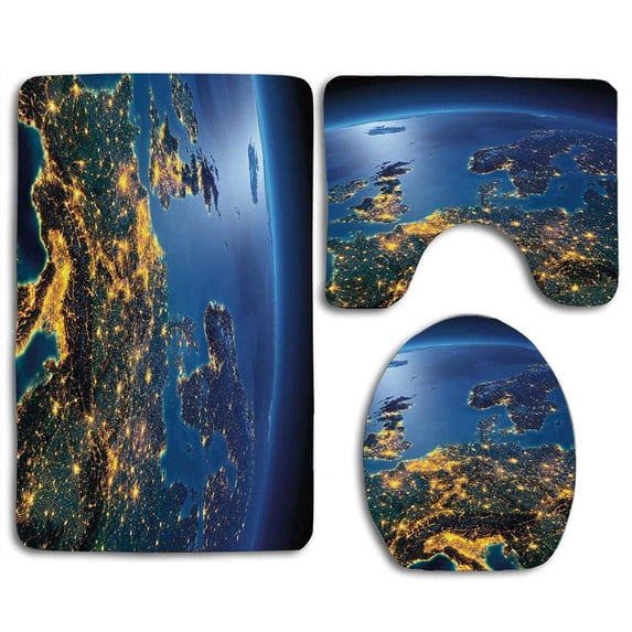 PUDMAD World Continent Central Europe Night 3 Piece Bathroom Rugs Set Bath Rug Contour Mat and Toilet Lid Cover