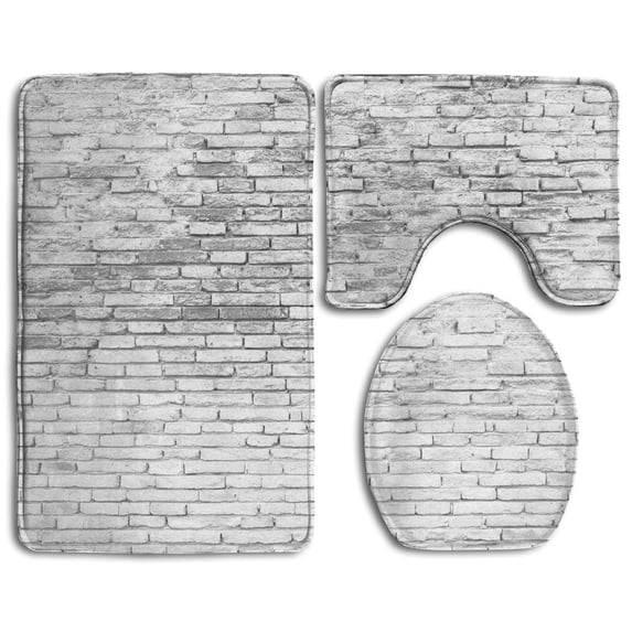 PUDMAD Worn Cracked Grunge Stained Brick Wall Masonry Architecture 3 Piece Bathroom Rugs Set Bath Rug Contour Mat and Toilet Lid Cover