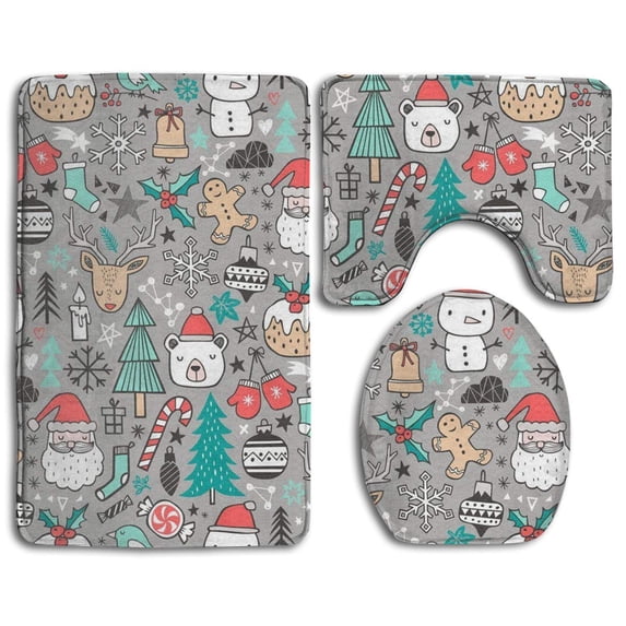 PUDMAD Xmas Christmas 3 Piece Bathroom Rugs Set Bath Rug Contour Mat and Toilet Lid Cover