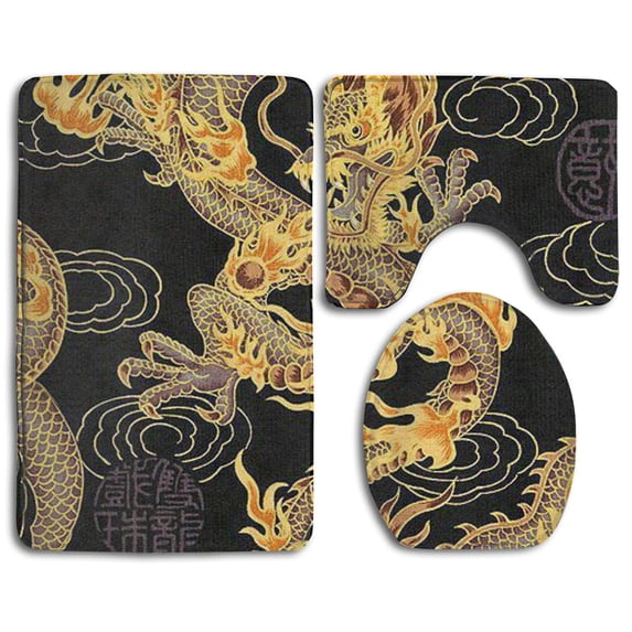 PUDMAD Yellow Dragon Black Background 3 Piece Bathroom Rugs Set Bath Rug Contour Mat and Toilet Lid Cover