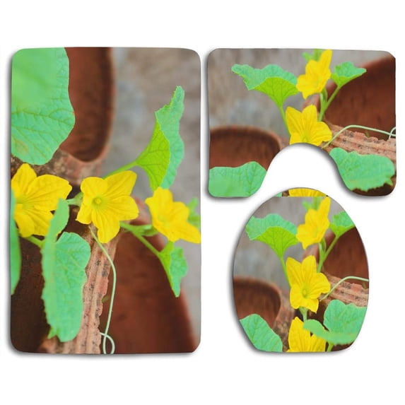 PUDMAD Yellow Flower 3 Piece Bathroom Rugs Set Bath Rug Contour Mat and Toilet Lid Cover