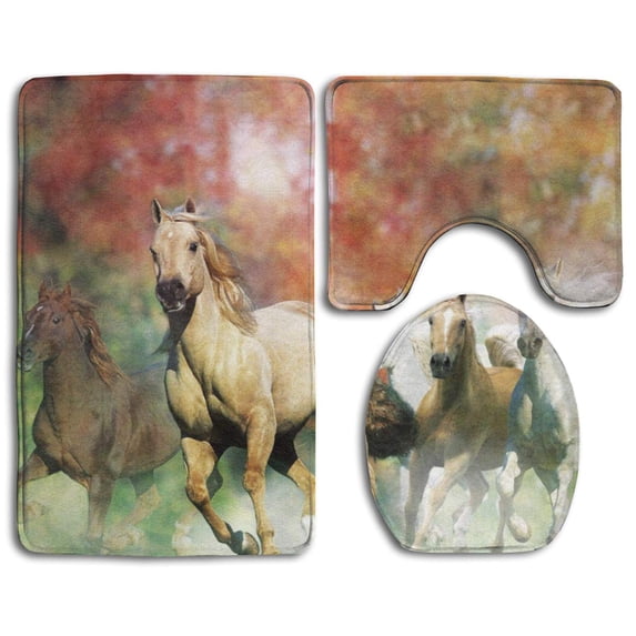 PUDMAD Yellow Horse 3 Piece Bathroom Rugs Set Bath Rug Contour Mat and Toilet Lid Cover