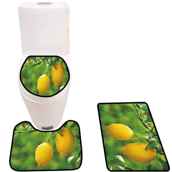 PUDMAD Yellow Lemons h g on Tree 3 Piece Bathroom Rugs Set Bath Rug Contour Mat and Toilet Lid Cover