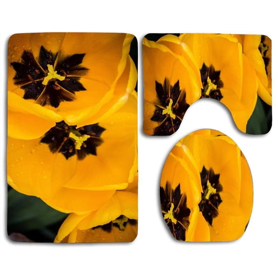 PUDMAD Yellow Tulips 3 Piece Bathroom Rugs Set Bath Rug Contour Mat and Toilet Lid Cover