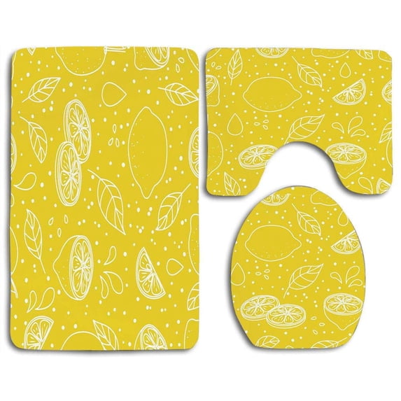 PUDMAD Yellow and White Fresh Artistic Juicy Lemons Organic Citrus Ripe Fruit Vegetarian 3 Piece Bathroom Rugs Set Bath Rug Contour Mat and Toilet Lid Cover