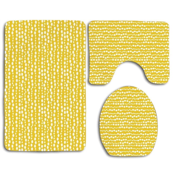 PUDMAD Yellow and White Modern Bubble Inspired Stripe Lined Circles Rounds 3 Piece Bathroom Rugs Set Bath Rug Contour Mat and Toilet Lid Cover