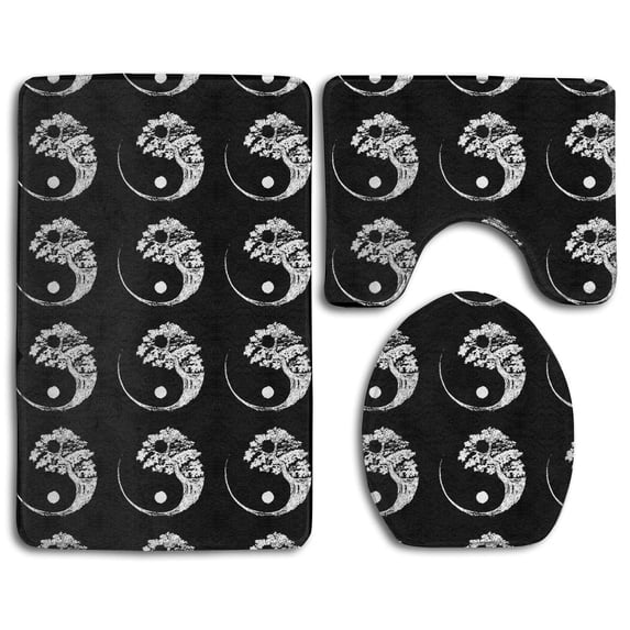 PUDMAD Yin Yang Bonsai Tree Black 3 Piece Bathroom Rugs Set Bath Rug Contour Mat and Toilet Lid Cover