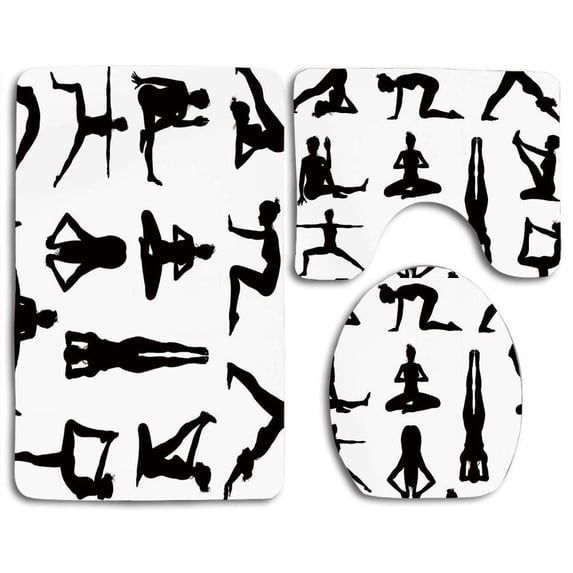 PUDMAD Yoga Various Yoga Pilates Pose Silhouettes Asanas Prayanama Form Position Wellness 3 Piece Bathroom Rugs Set Bath Rug Contour Mat and Toilet Lid Cover