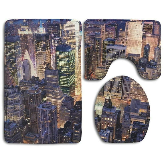 PUDMAD York Aerial View Nyc 3 Piece Bathroom Rugs Set Bath Rug Contour Mat and Toilet Lid Cover