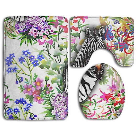 PUDMAD Zebra Flowers 3 Piece Bathroom Rugs Set Bath Rug Contour Mat and Toilet Lid Cover