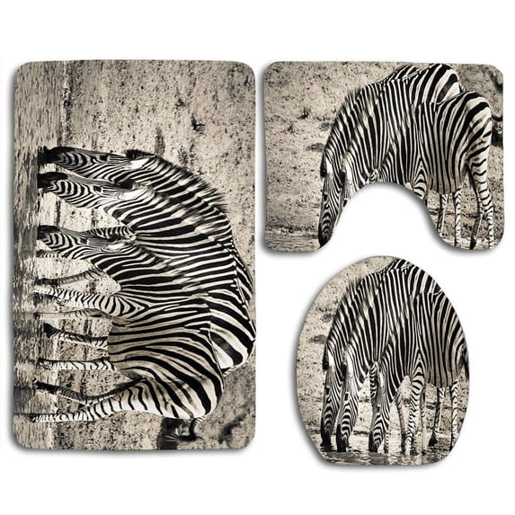 PUDMAD Zebra in Desert 3 Piece Bathroom Rugs Set Bath Rug Contour Mat and Toilet Lid Cover