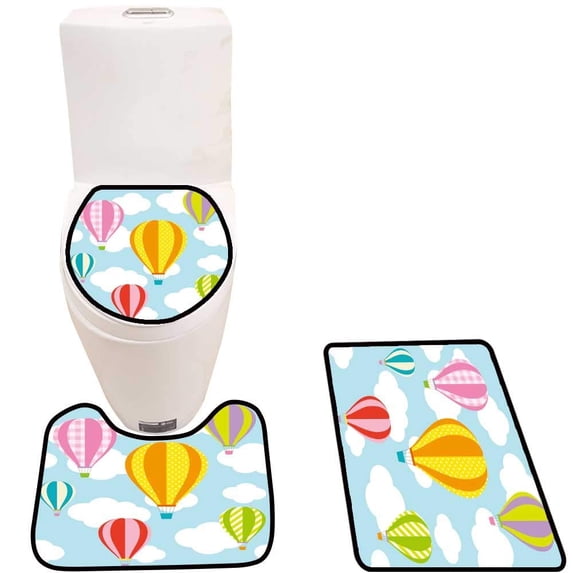 PUDMAD air Balloons Blue Sky t 3 Piece Bathroom Rugs Set Bath Rug Contour Mat and Toilet Lid Cover