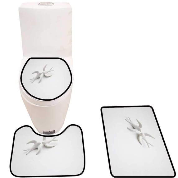 PUDMAD couplae White Porcelain Swallows in Love in a White Wooden backgroun 3 Piece Bathroom Rugs Set Bath Rug Contour Mat and Toilet Lid Cover