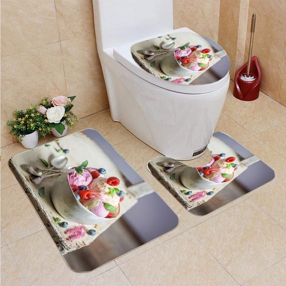 PUDMAD ice Cream Made Fruits Yogurt 3 Piece Bathroom Rugs Set Bath Rug Contour Mat and Toilet Lid Cover