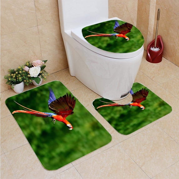 PUDMAD red Scarlet Macaw in F 3 Piece Bathroom Rugs Set Bath Rug Contour Mat and Toilet Lid Cover