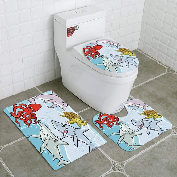 PUDMAD sea Life and Fish Cartoon 3 Piece Bathroom Rugs Set Bath Rug Contour Mat and Toilet Lid Cover