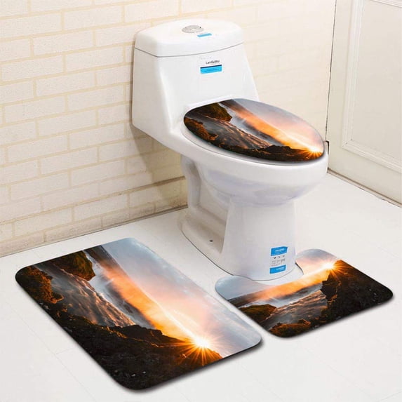 PUDMAD sque Sundown on Godafoss Waterfall 3 Piece Bathroom Rugs Set Bath Rug Contour Mat and Toilet Lid Cover