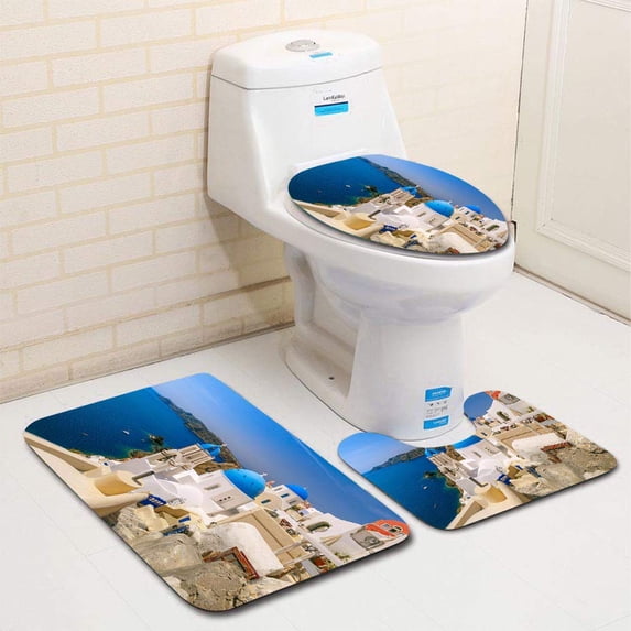 PUDMAD sque View Oia Santorini Greece 3 Piece Bathroom Rugs Set Bath Rug Contour Mat and Toilet Lid Cover