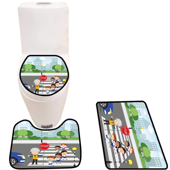 PUDMAD traffi guar Help School Kids Cross ROA by h a Stop Sign 3 Piece Bathroom Rugs Set Bath Rug Contour Mat and Toilet Lid Cover