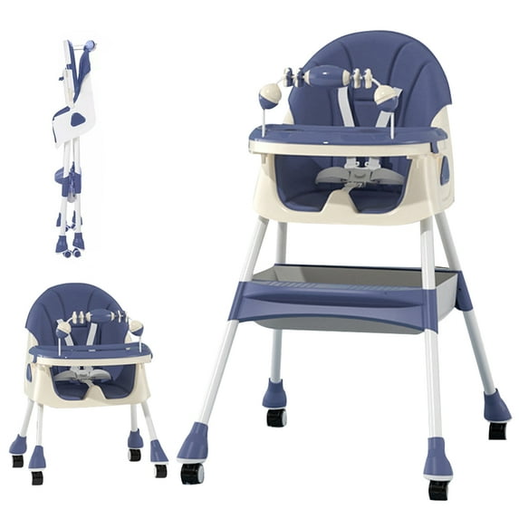 PUEDO 4-in-1 Baby High Chair Portable Toddler Dining Chairs Eat & Play Convertible Highchair with Adjustable Tray, Blue