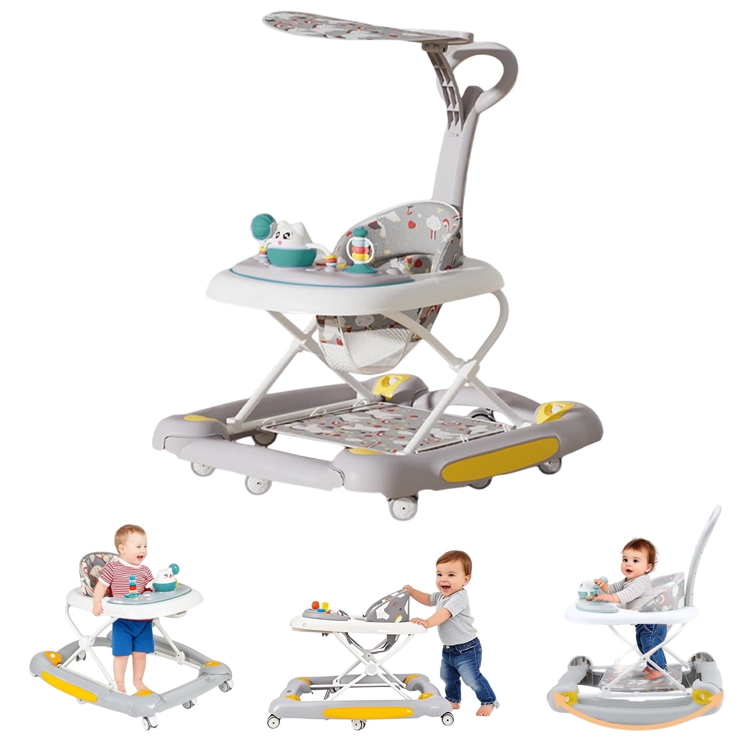 PUEDO 4-in-1 Folding Baby Walker with Music & Interactive Toys, Adjustable Wheels for Boys and Girls,White