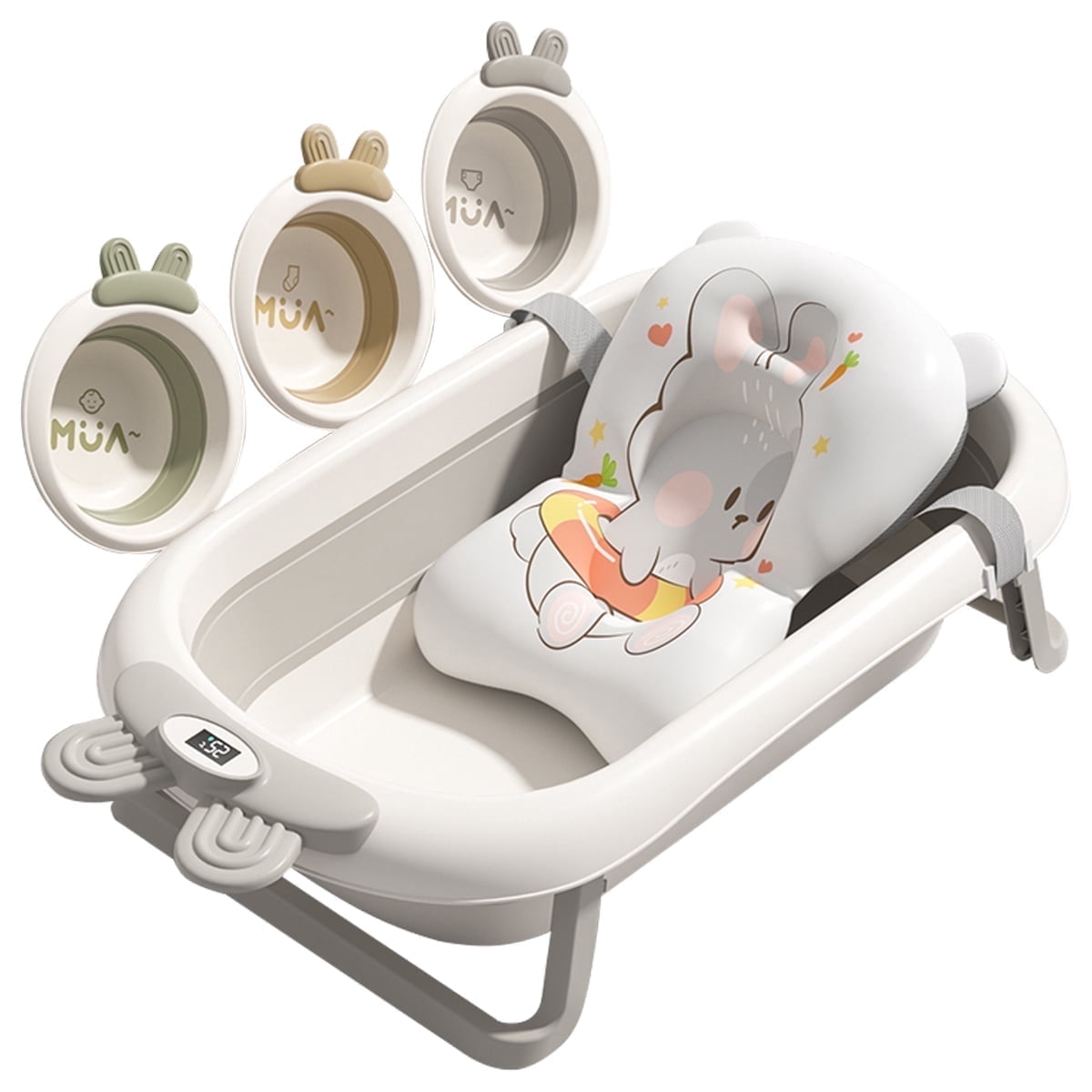 PUEDO Collapsible Baby Bathtub for Infants to Toddler, with Thermometer, 3 Wash Basin and Bathing Floating Cushion