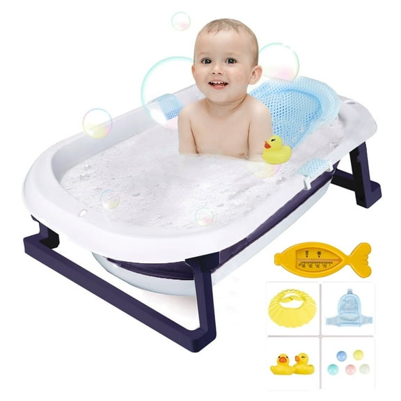 PUEDO Foldable Baby Bathtub, Portable Travel Newborn Infant Toddler Bath Tub with Thermometer & Toys, Blue