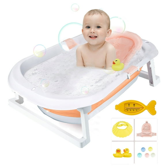 PUEDO Foldable Baby Bathtub, Portable Travel Newborn Infant Toddler Bath Tub with Thermometer & Toys, Pink