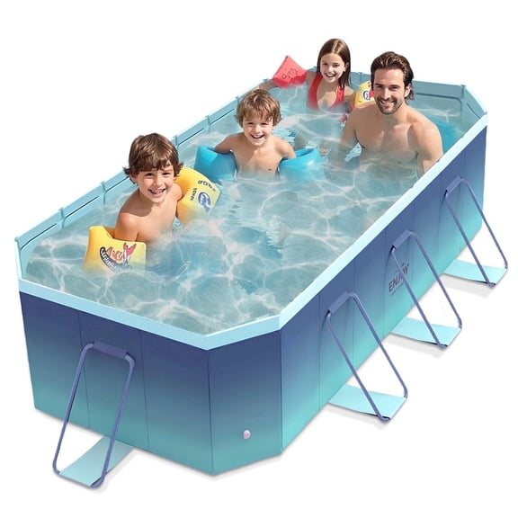PUEDO Foldable Swimming Pool, Large Non-inflatable Adults Kids Outdoor Pools, with Stable Triangular Braces, Blue, (101" x 66" x 20")