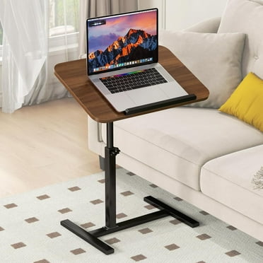 PUEDO Height Adjustable C Shaped Mobile Laptop Side Table,90° Tilting & 360°Swivel Desktop Side table with Hidden Wheels,Walnut