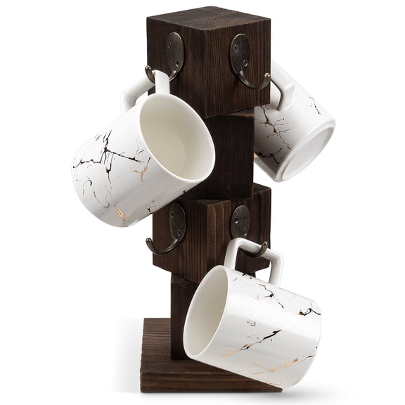 PUERSI Coffee Mug Holder for Counter, Rustic Solid Wood Mug Tree, Farmhouse Wooden Coffee Cup Rack with 8 Hooks (Rustic Brown)