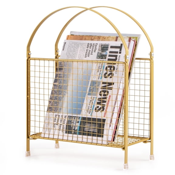 PUERSI Freestanding Magazine Holder – Modern Touch Handbag Design, Magazine Organizer Metal Rack for Books, Vinyl Record, Newspaper (Gold)
