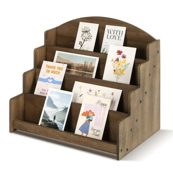 PUERSI Greeting Card Display Stand Holder - 4-Tier Wooden Organizer Rack for Retail Stores, Postcards, Stickers & Stationery Vendors Brown