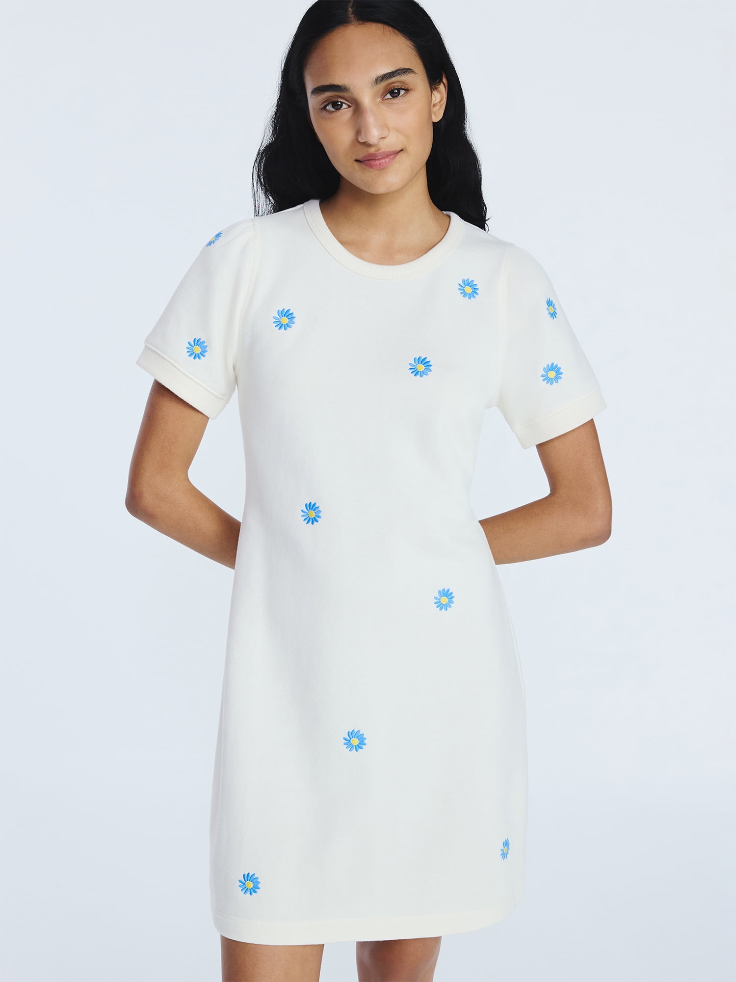 Free Assembly Women’s and Women's Plus Embroidered Mini Dress with Puff Sleeves, Sizes XS-4X