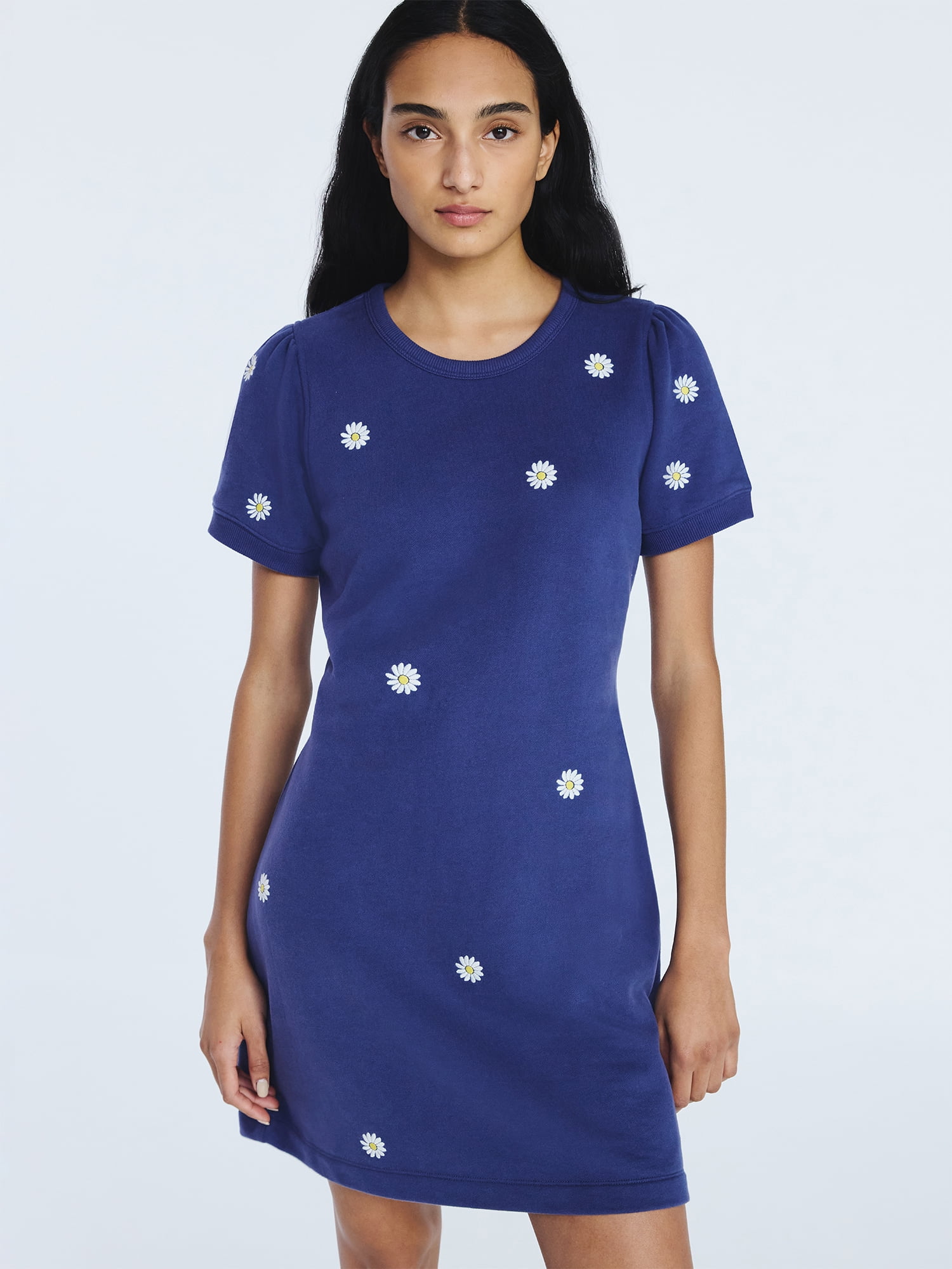 Free Assembly Women’s and Women's Plus Embroidered Mini Dress with Puff Sleeves, Sizes XS-4X