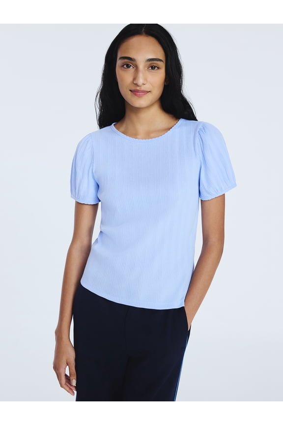 Women's Crewneck Top with Short Puff Sleeves, Sizes XS-XXL