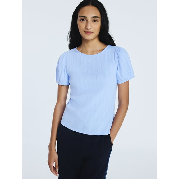 Free Assembly Women's Crewneck Top with Short Puff Sleeves, Sizes XS-XXL