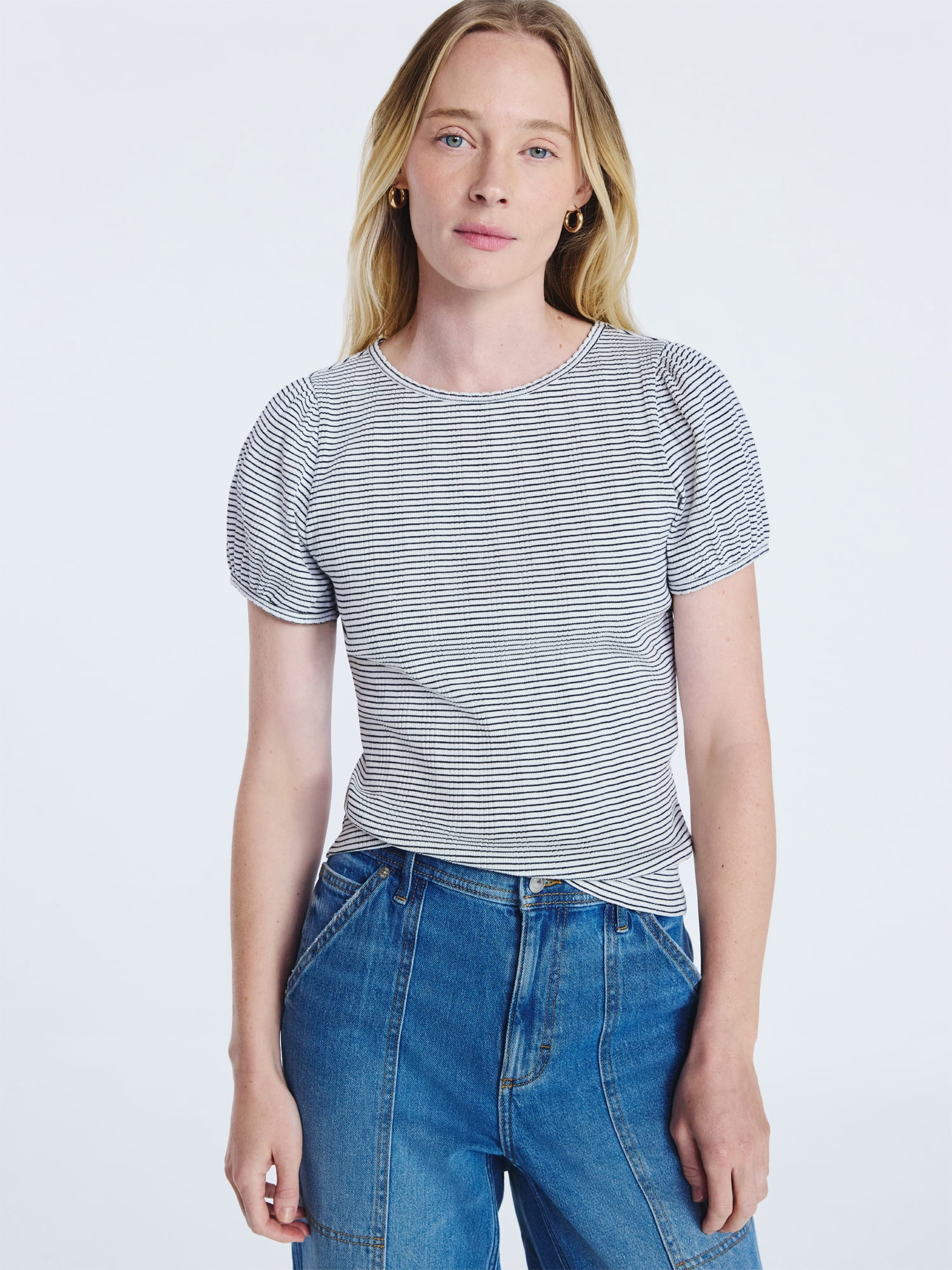 Free Assembly Women's Crewneck Top with Short Puff Sleeves, Sizes XS-XXL
