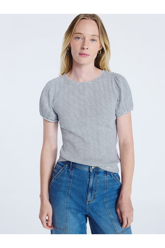 Women's Crewneck Top with Short Puff Sleeves, Sizes XS-XXL