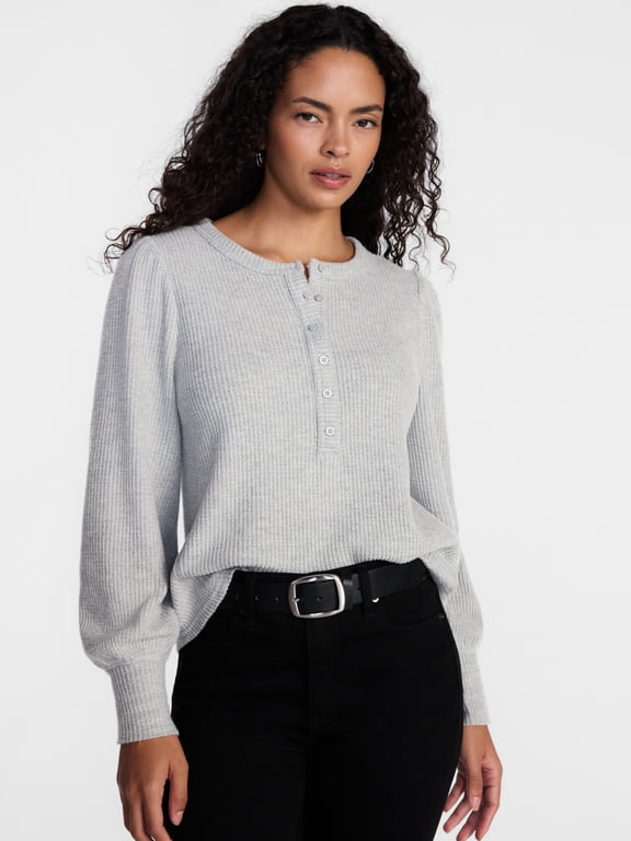 Women's Henley Top with Long Puff Sleeves, Sizes XS-XXXL