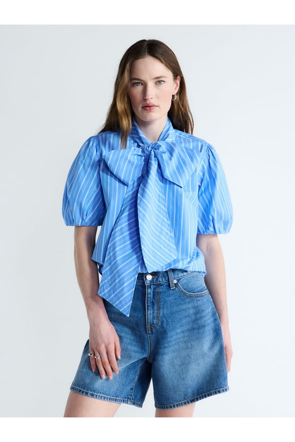 Women's Cotton Bow Blouse with Short Puff Sleeves, Sizes XS-XXL