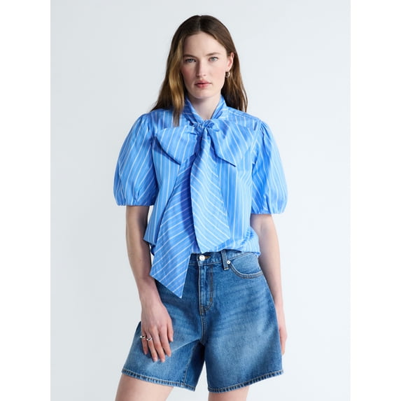 Free Assembly Women's Cotton Bow Blouse with Short Puff Sleeves, Sizes XS-XXL