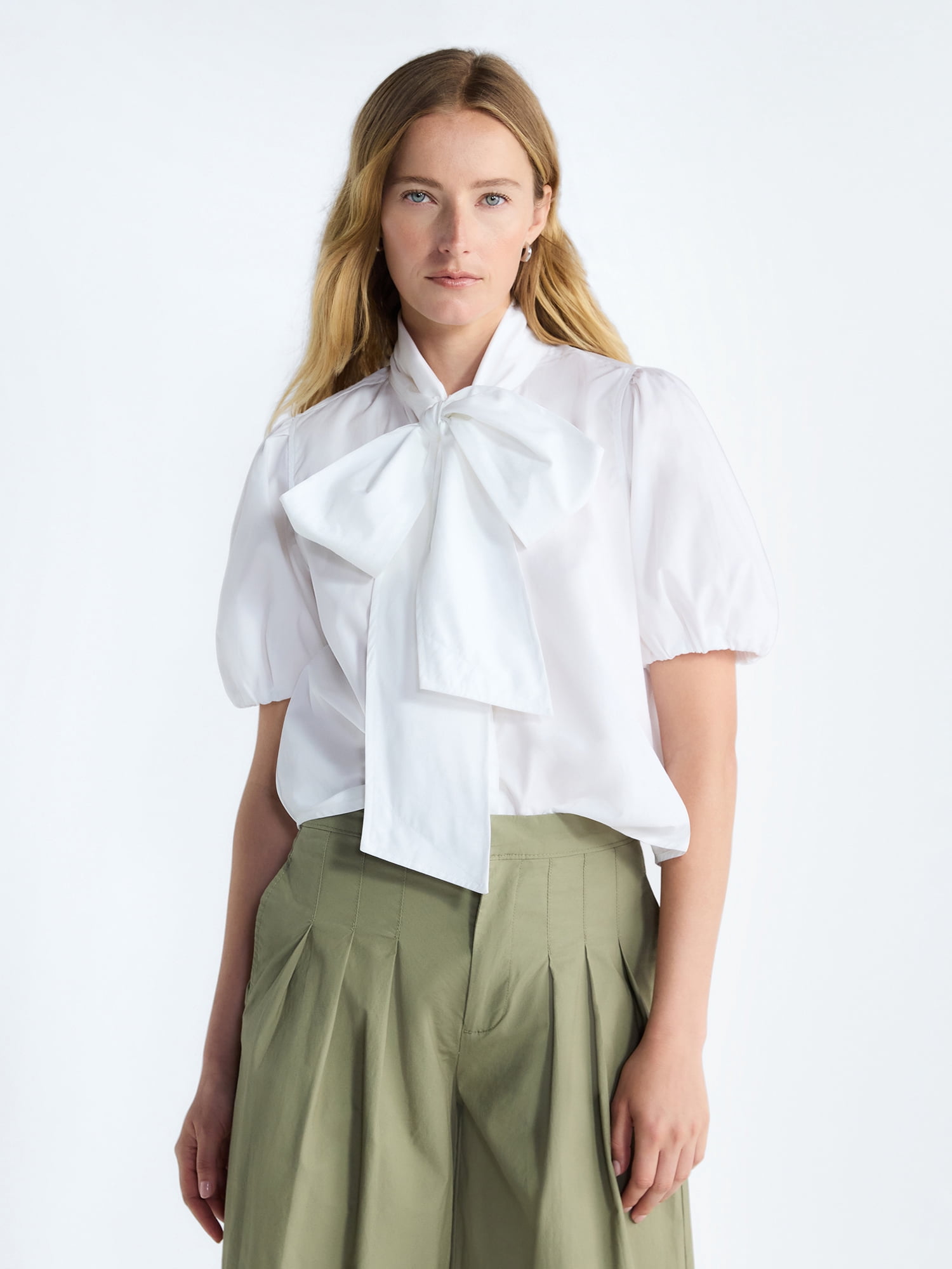 Free Assembly Women's Cotton Bow Blouse with Short Puff Sleeves, Sizes XS-XXL