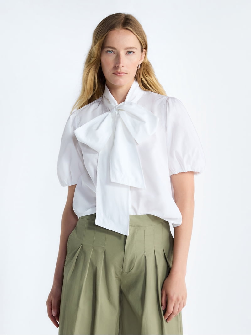 Free Assembly Women's Cotton Bow Blouse with Short Puff Sleeves