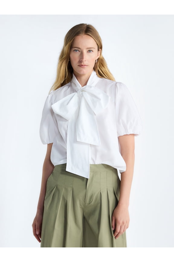 Women's Cotton Bow Blouse with Short Puff Sleeves, Sizes XS-XXL