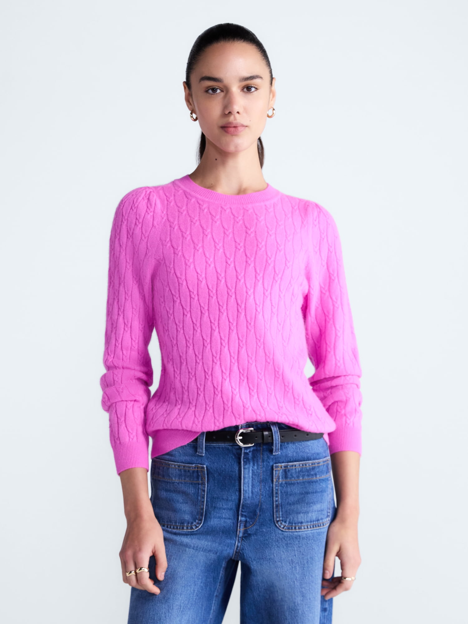 Free Assembly Women's and Women's Plus Cashmere Cable Knit Sweater with Puff Sleeves, Midweight, Sizes XS-4X